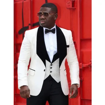 

New White Men Suits Shawl Lapel Groom Tuxedos Wedding Suits for Men 4 Pieces (Jacket+Pants+Vest) Groomsman Suits Custom