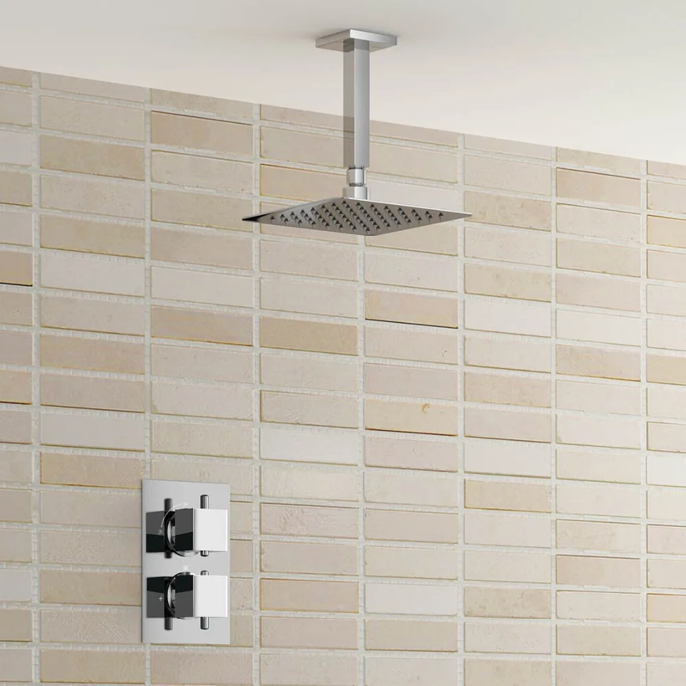 

Square 12" Ceiling Mixer Shower Ultra Thin Head Thermostatic Valve Set Chrome Bathroom