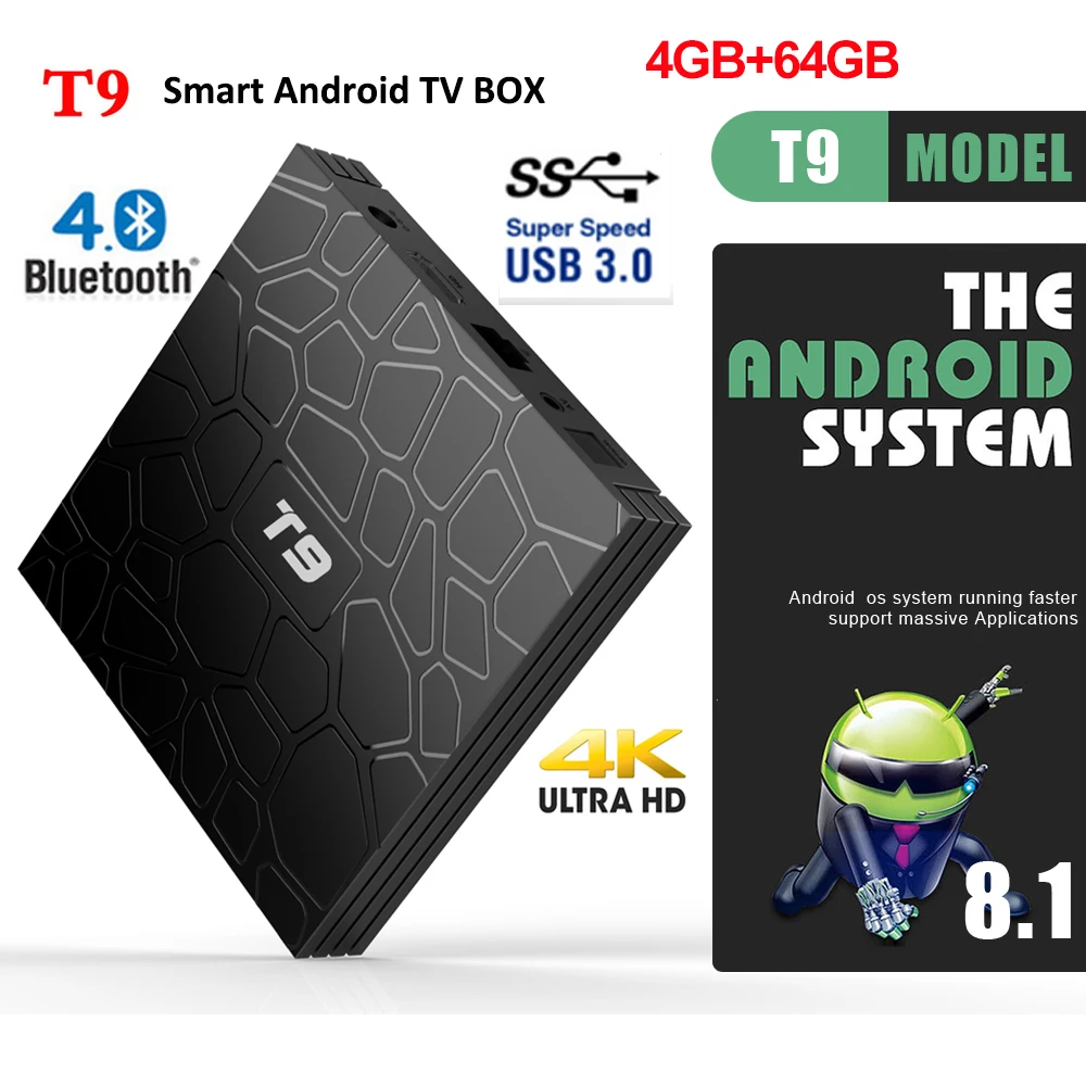 

2018 Android TV Box T9 4GB 32GB 64GB RK3328 Quad Core Android 9.0 USB 3.0 2.4G WIFI Bluetooth 4.0 HDMI 4K Set Top Box ip tv box