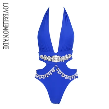 

LOVE&LEMONADE Blue Shoulder Tassels Decorated Deep Back Slim SWINSUIT LM0925