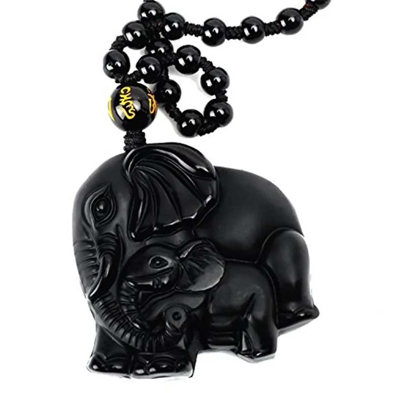 

New 5pcs/lot Natural Obsidian Carved Mother&Baby Elephant Pendant Women Men's Amulet Lucky Jades Jewelry Pendants+Beads Necklace