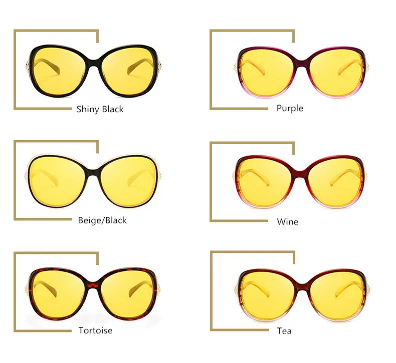 Женские HD поляризованные очки ночного видения для вождения, черные овальные большие солнцезащитные очки с бриллиантами, желтые очки для вождения UV400 N8842