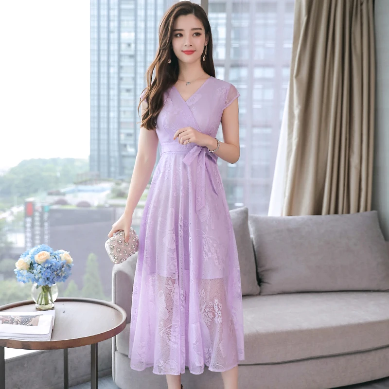 

Plus Size M-3XL 2019 Summer New Arrival Elegant V Collar Flower Printed Short Sleeve Woman Chiffon Long Lace Dress