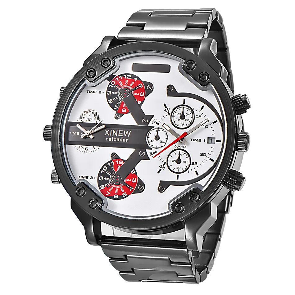 Бренд XINEW мужские часы с большим циферблатом и 2 часовыми поясами японские кварцевые часы модные роскошные часы из нержавеющей стали большие наручные часы Montre Homme Grosses