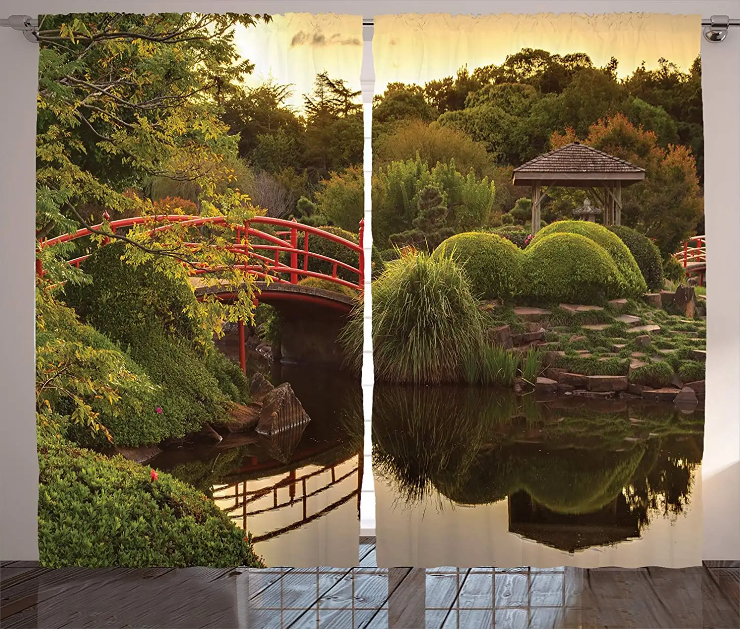 

Japanese Curtains Peaceful Garden in Twilight with Reflections in The Water Red Bridge on Pond Sunset Living Room Bedroom Decor