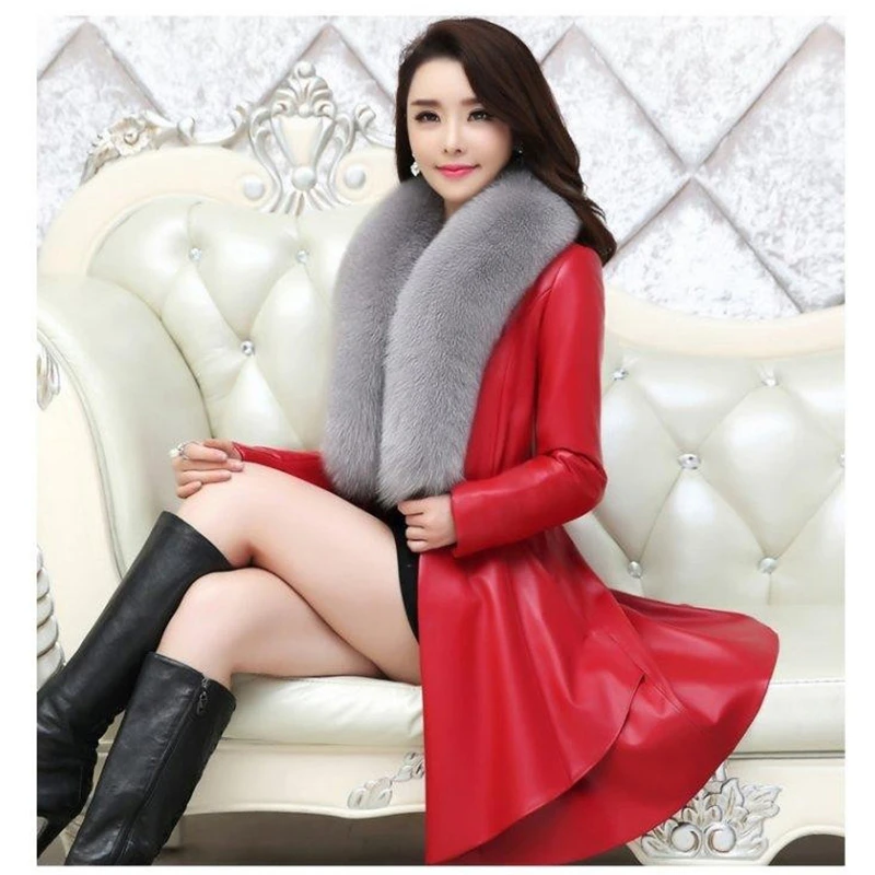 Пальто из искусственной кожи новинка зимы Тонкий 4XL Плюс Размер PU куртка корейский черный красный длинный рукав Темперамент толстое пальто из искусственной кожи LR306