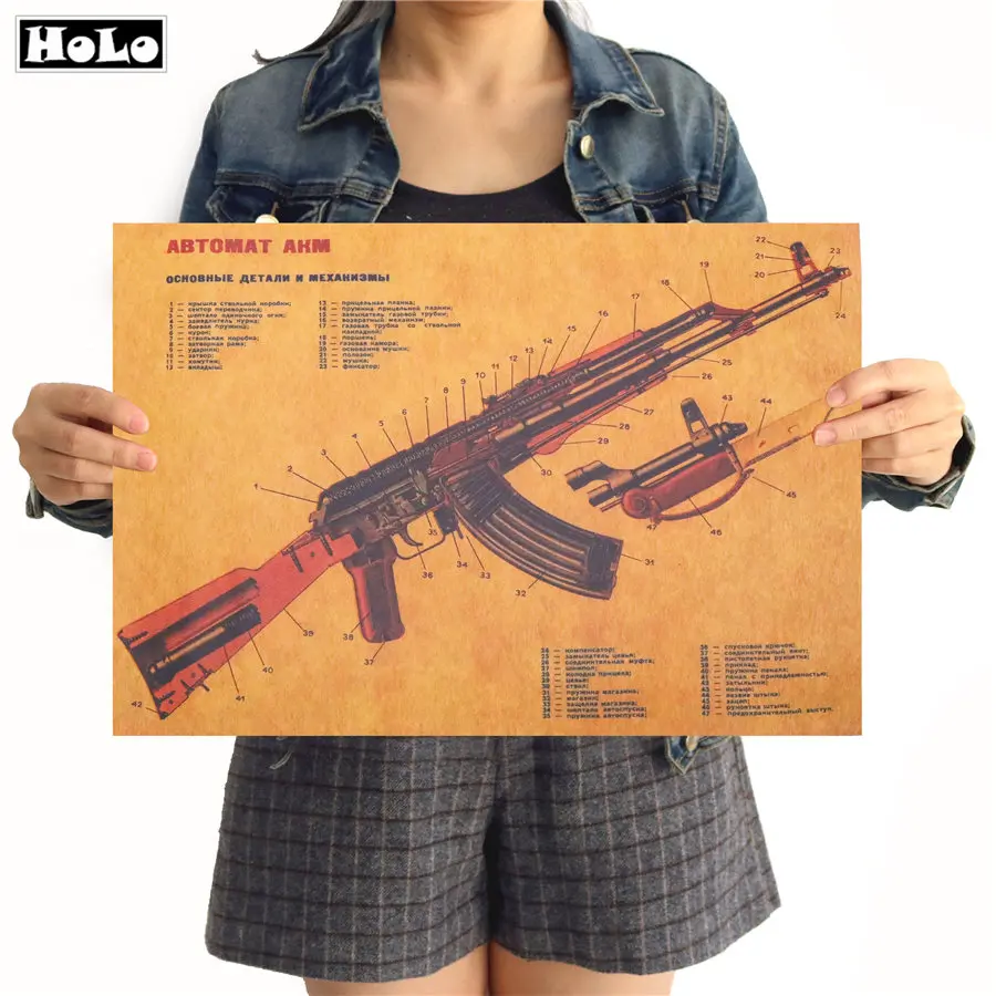 

AK47 Gun Chart Dismantling Picture Vintage Kraft Paper Poster Wall Sticker Collection Bars Cafe Drawings Poster 51x35cm