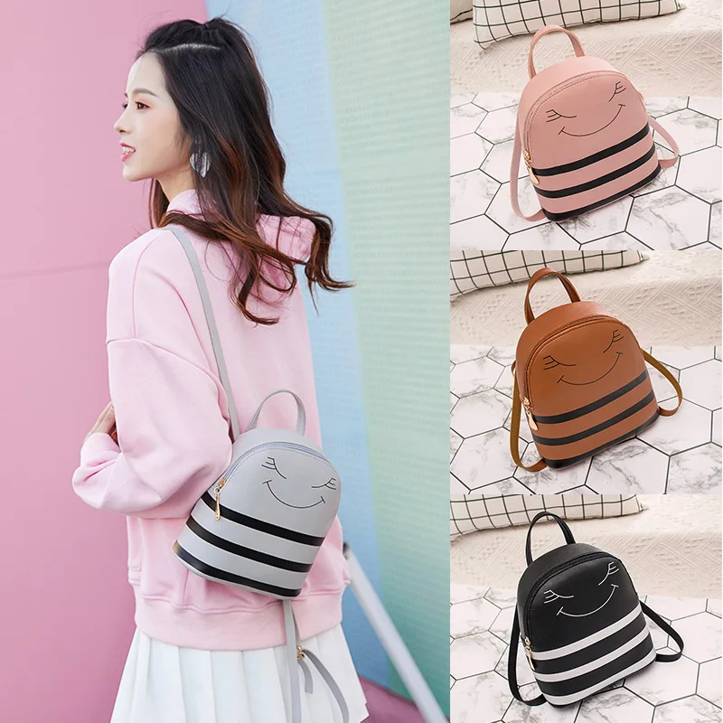 

Women Smile Pattern Small Backpack Multifunction PU Leather Bag for Cellphone Key New