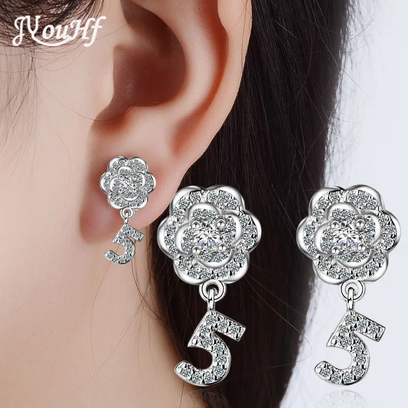 

JYouHF Brand White Rose Gold Color Stud Earrings with Zircon Fashion Jewelry 925 Sterling Silver Rose Flower Earrings for Women