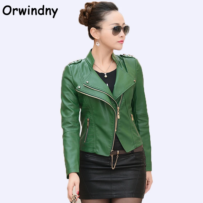 Orwindny Fashion Women Leather Jacket 2018 Spring Autumn PU Motorcycle Clothing Green Leather Coat Plus Size 4XL Rivet Tops Wear