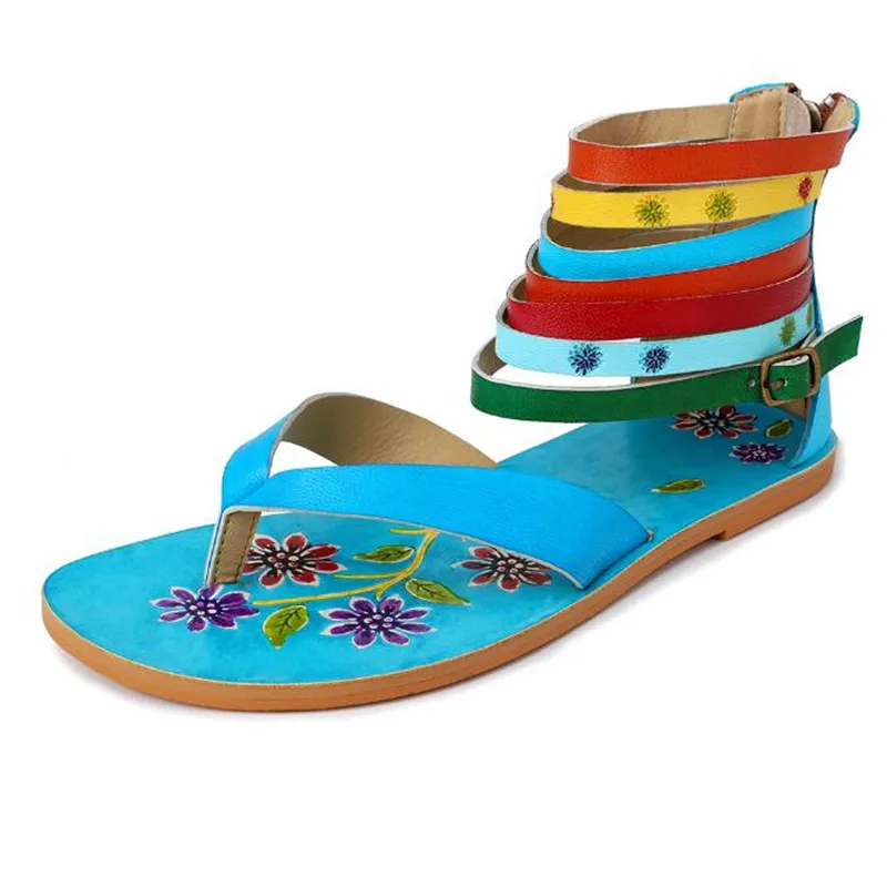 

New Summer Bohemian Vintage Genuine Leather Color Striped Women's Sandals Clip toe Flat with Roman Sandals Casual women's shoes