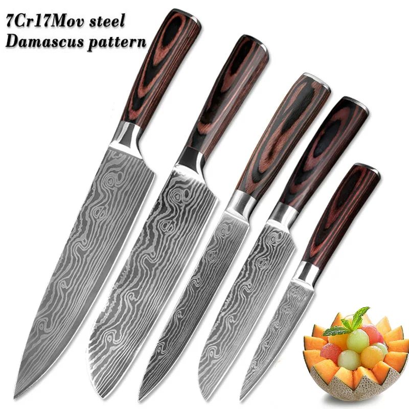 Кухонный нож поварские ножи 8 дюймов японский 7CR17 440C высокоуглеродистая Нержавеющая сталь шлифовальный лазерный узор нож для овощей Santoku - Цвет: 5pcs