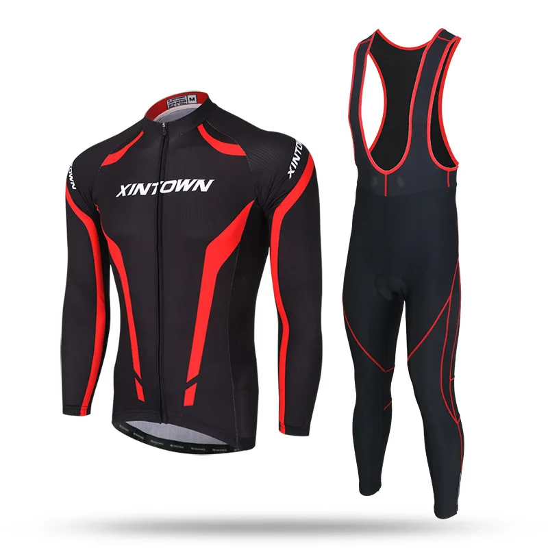 

XINTOWN Black Red Ropa Ciclismo Maillot Trouser MTB Bike Jersey Bib Pant Set Men Cycling Clothing Suit Riding Long Sleeve Jacket