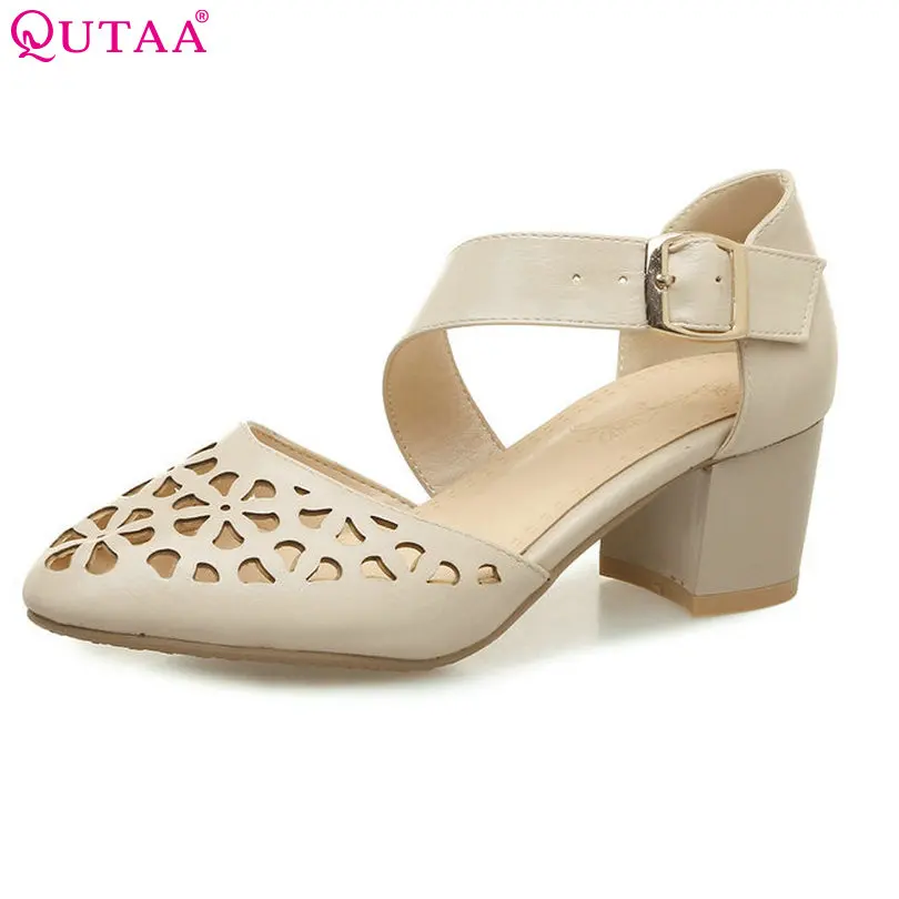 

QUTAA 2018 Women Pumps Square High Heel Pointed Toe PU Leather Buckle Black Spring/ Autumn Beige Ladies Wedding Pumps Size 34-43