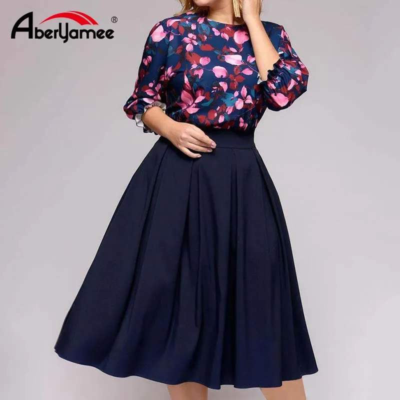 

Plus Size New Women Spring Casual Dress Three Quarter Sleeve Patchwork Dress Big Size O Neck Floral Print A-Line Party Vestidos
