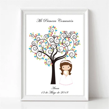 

Personalized First Holy Communion Gift For Girl Boy's Baptism Christening Fingerprint Tree Keepsake Canvas Art Print & Ink