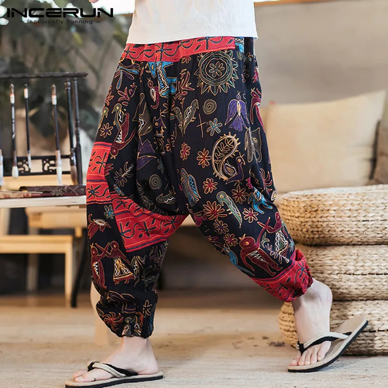 kaifongfu Men Vintage Cotton Blends Pants Loose Linen Drop Crotch Jogging Pants Trousers Baggy Harem Pants