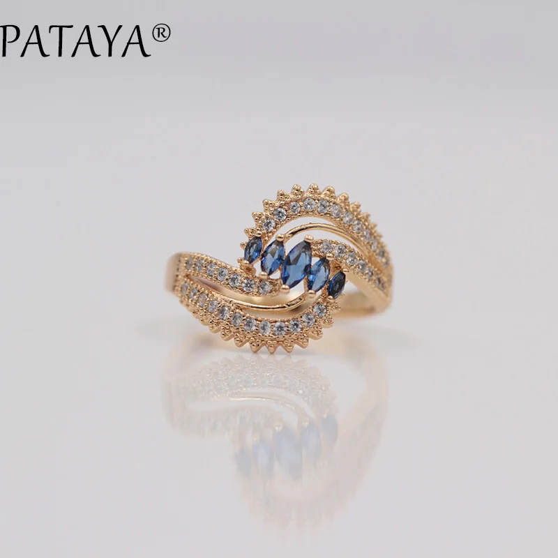 PATAYA, Новое поступление, двойная спираль, 585, розовое золото, уникальные кольца, конский глаз, темно-синий натуральный циркон, женские роскошные романтические ювелирные изделия RU
