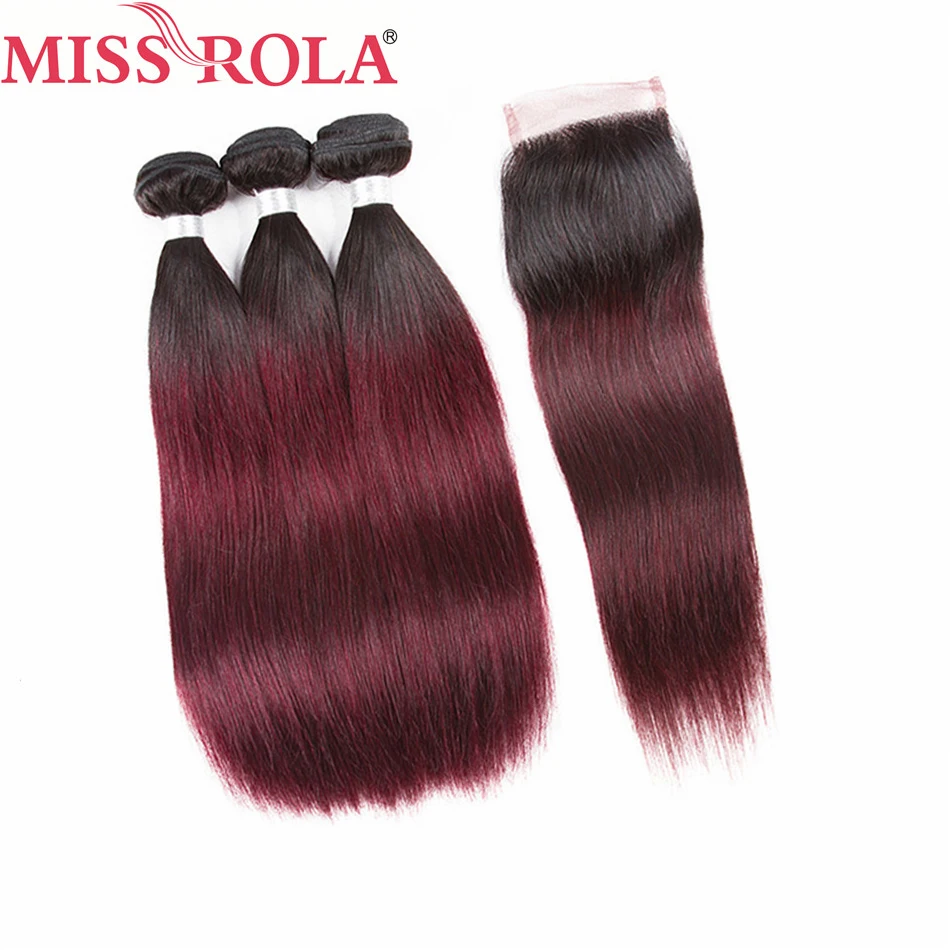 Мисс Рола волос Ombre бразильский волосы прямые волны 3 Связки с закрытием T1B/99J не Реми предварительно Цветной 100% человеческих волос
