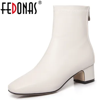 

FEDONAS Fashion Square Toe Square Heels Women Ankle Boots Genuine Leather Zipper Elegant Chelsea Boots Basic Party Office Shoes