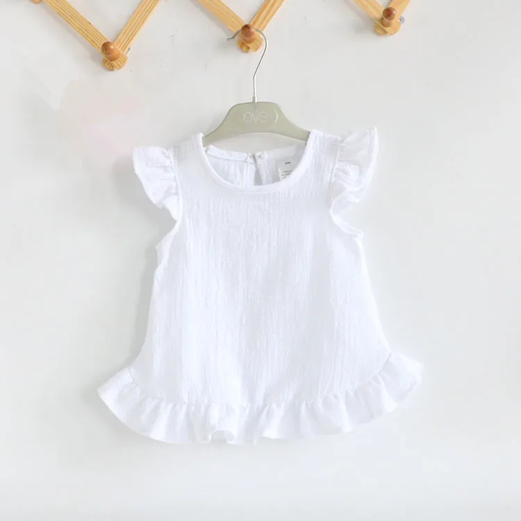Girls Shirts Kids Blouses Summer Linen Cotton Lace Ruffle Sleeve Clothes