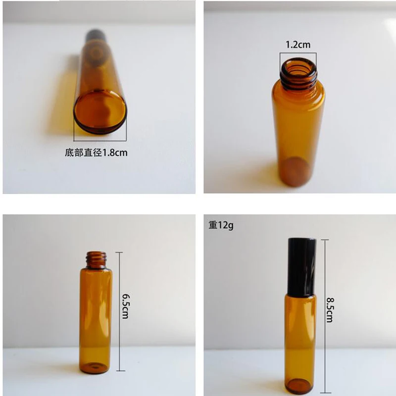 100 pcs/lot10ml 1/6 oz круглая Янтарная стеклянная бутылка для духов базовое масло из нержавеющей стали с белыми помпонами, ароматерапия бутылка