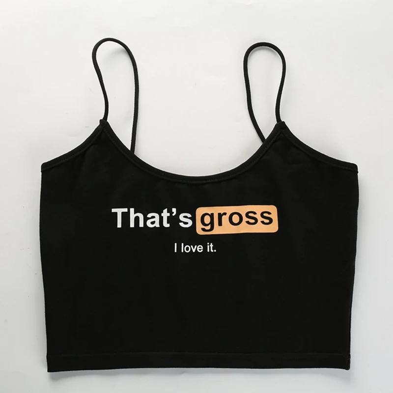 

Liva Girl Sexy Letter Printed Halter Sling Top Women Ladies Summer Short Exposed Navel Camisole Slim Fitness Black Tank Top Vest