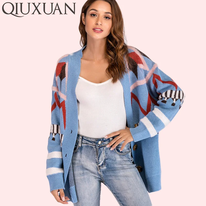 Front Blue Button Loose Fuzzy Long Cardigan Knit Geometric Fashion With Pattern Women Detail Tops Raglan Sleeve Qiuxuan Sweater qUvTF