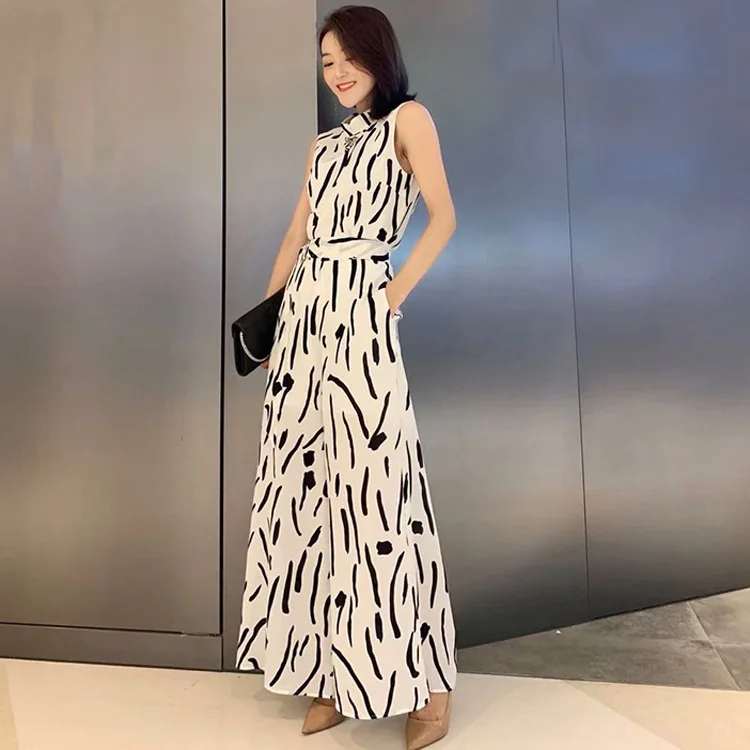 

Women elegant turtleneck sleeveless tops and blouses + wide leg pants suit geometric print casual sexy two piece set 2019 summer
