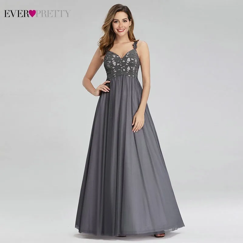 

Robe De Soiree Ever Pretty Grey Lace Evening Dresses Long A-Line V-Neck Spaghetti Straps Elegant Formal Party Gowns Abendkleider