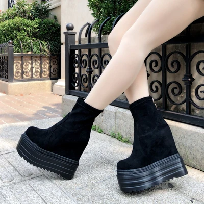 Г. Новые женские ботинки модные сапоги с толстой подошвой 13 см, водонепроницаемые ботинки на платформе, на высоком каблуке, на рифленой подошве, ботинки на шнуровке - Цвет: Черный