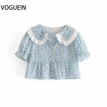 

VOGUEIN New Womens Sweet Floral Print Lace Mixed Short Sleeve Short Top Blouse Shirt Wholesale