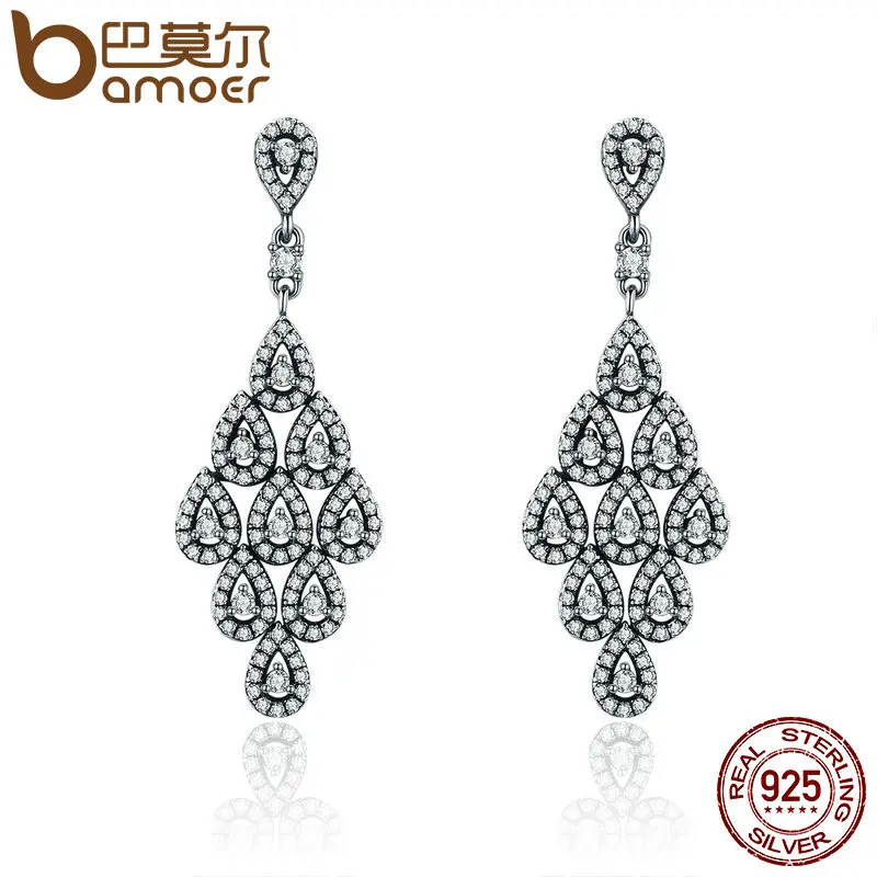 

BAMOER 2018 Authentic 925 Sterling Silver Cascading Glamour Earrings, Clear CZ Earrings for Women Sterling Silver Jewelry PAS516