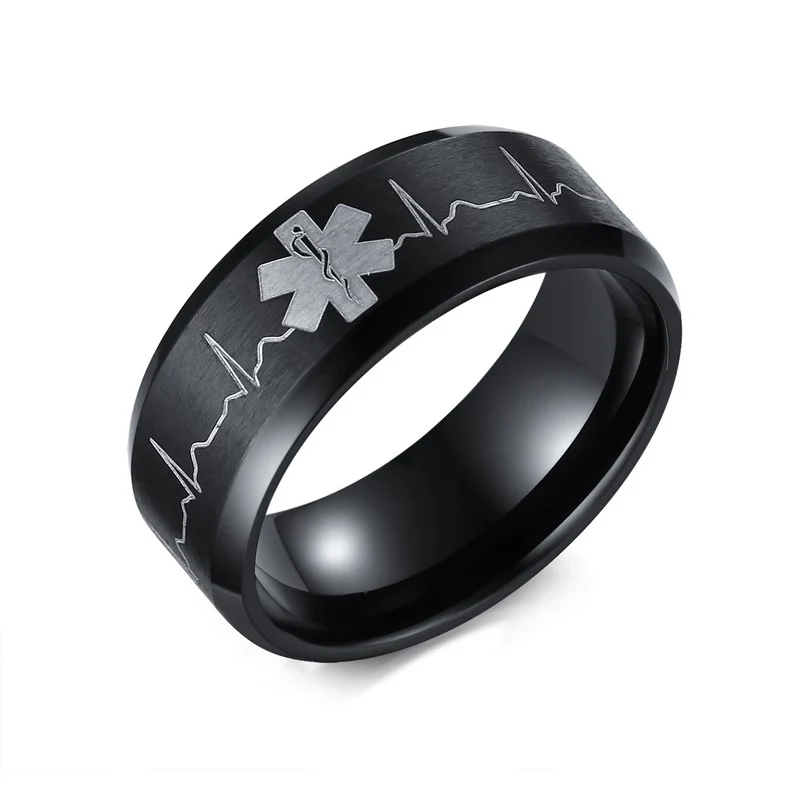 Medical Identification Rings for Men Jewelry Punk Black 8MM Stainless