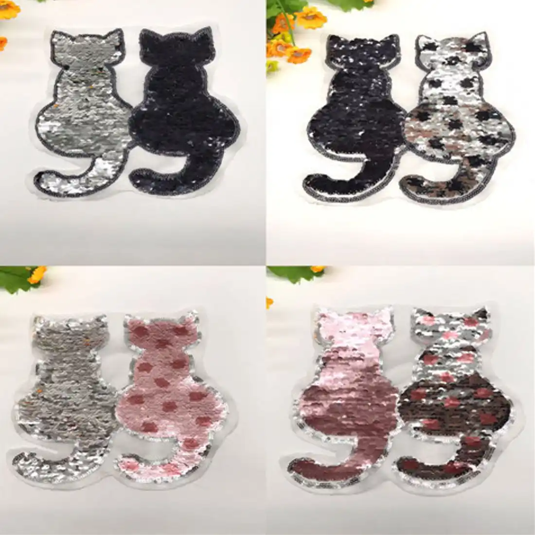 2Pcs DIY Cat Reversible Change Color Sequin Embroidery Patch Sew on Applique