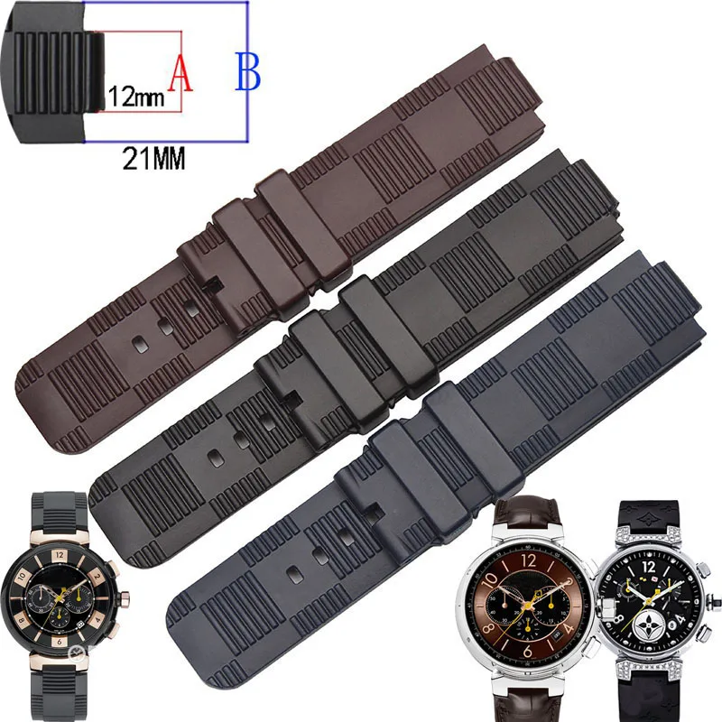 

21x12 (interface) MM black blue brown waterproof rubber strap for TAMBOUR IN BLACK | Tambour men's quartz watch strap