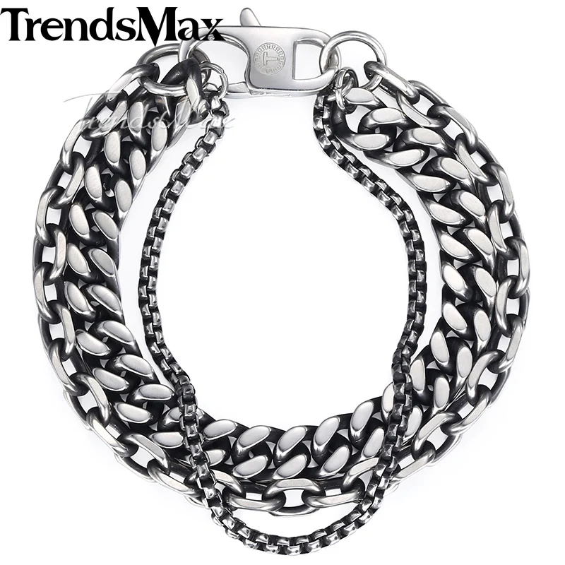 

Trendsmax Men's Bracelets Hip Hop Gunmetal 3 Chain Box Cuban Cable Link Stainless Steel Bracelet For Male Jewery Wholesale KDB14