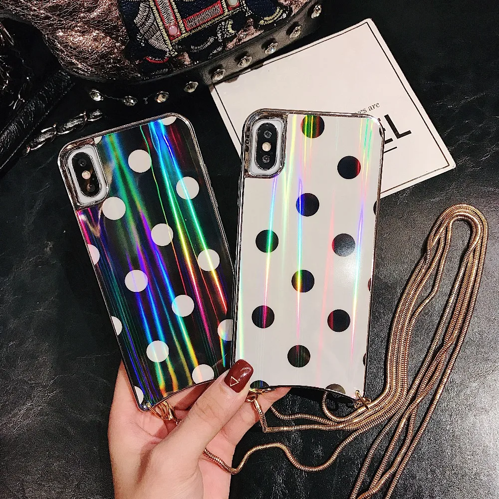 Girly Case For iPhone Xr X Xs Max Cover Korean Aurora Gradient Color Dot Skin Bag Cases For iPhone 7 8 Plus 6S Case + Long Chain (6)