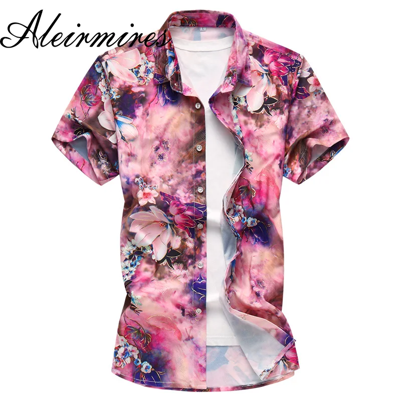 Для мужчин розовый Hawaiana 2018 летние шорты рукавом Цветочный Принт Большой Размеры 5XL 6XL 7XL Slim Fit Повседневное пляжные Для мужчин s рубашки
