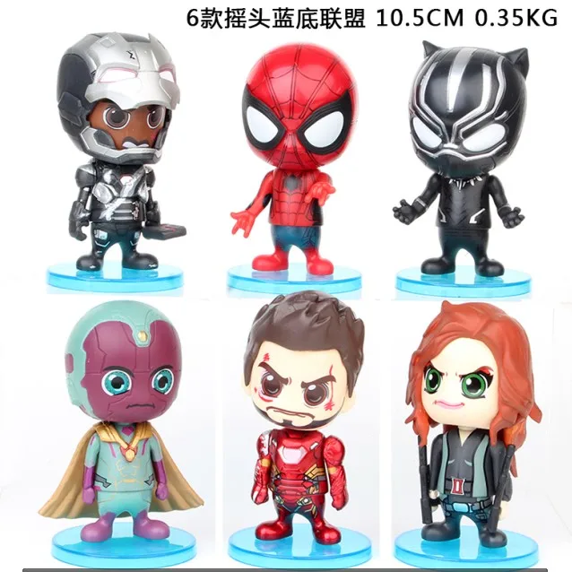 6 шт./компл. Marvel Avengers Ironman Spiderman Черная пантера Widow Vision War Machine Bubble Head автомобильные