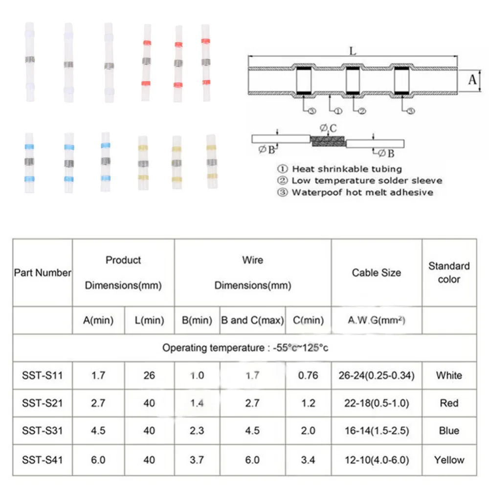 100 шт. AWG 26-10 припой рукав провода уплотнение термоусадочные стыковые клеммы СОЕДИНИТЕЛЬ 4 размера водонепроницаемый изолированный провод соединитель