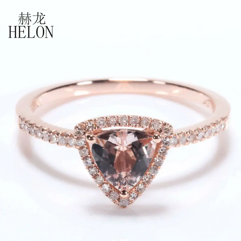 

HELON Solid 14K Rose Gold Engagement Fine Ring 6mm Trillion 0.69ct Morganite Pave 0.2ct Genuine Diamonds Wedding Women's Ring