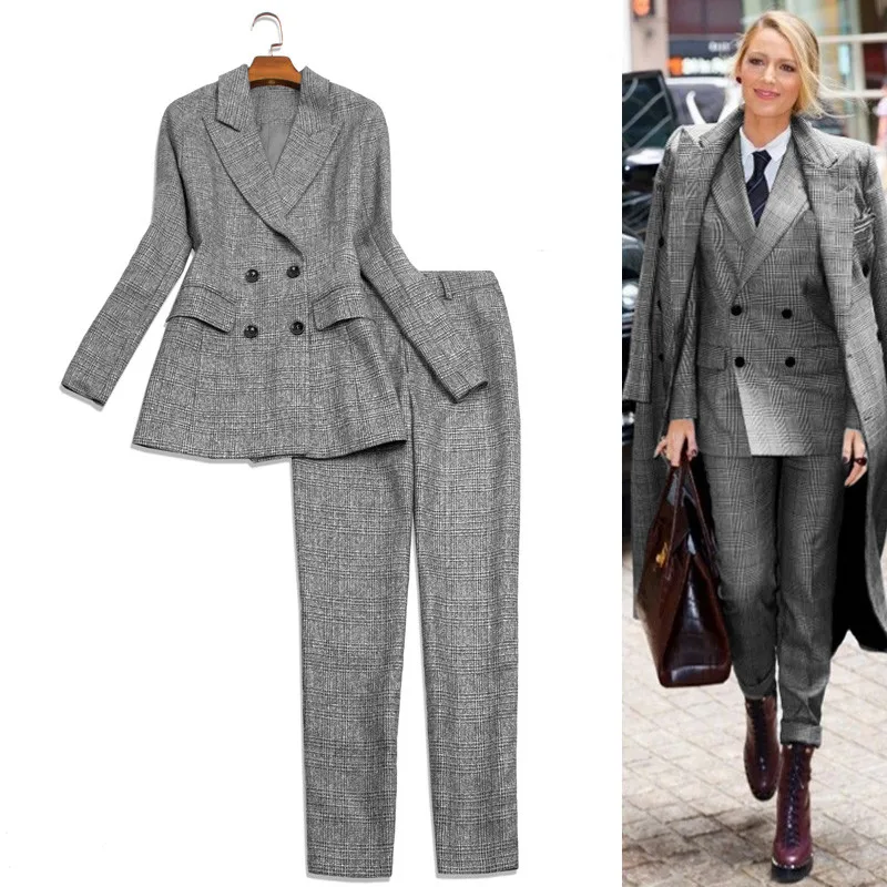 Women Pants Suit Fashion Casual Plaid Double Breasted Blazer Jacket Trousers Two Piece Set Office Ladies Formal OL Work Business