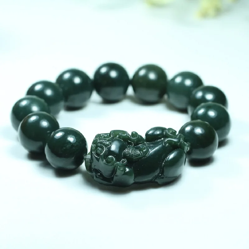 

Natural Hetian Nephrite Jade Green Bracelet For Men Women Round Beads With Pixiu Brave Troops Bracelets Men's Women's Jewelry