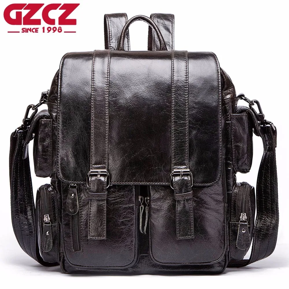 

GZCZ 2019 High Quality Men's Backpack Vintage Genuine Leather Bagpack Multifunction Mochila Teenager School Bag Travel Backpack
