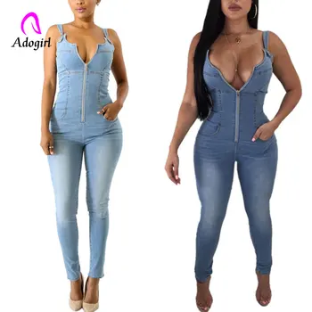 

Deep V Denim Jumpsuit Women Long Pants Sleeveless Backless Zipper Pocket Blue Jumpsuits Front Zipper Bandage Skinny Overalls