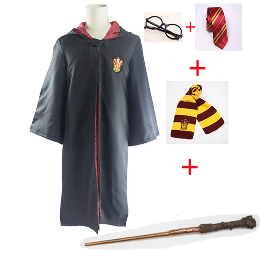 

Cosplay Costumes Harri Potter Robe Cape with Tie Scarf Wand Glasses Ravenclaw Gryffindor Hufflepuff Slytherin Robe Cloak