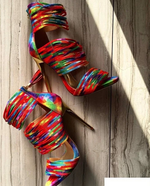 

Hot Selling Brand Colorful Strappy Covered Heel Women Sandals High Heel Peep Toe Cross Strap Cage Shoes Designer Pumps