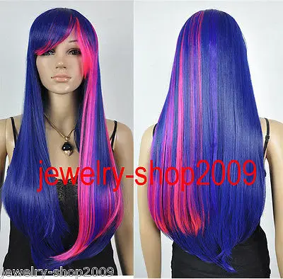 Title1413 Cosplay Long Dark Blue/Rose Mixed Straight Womwn's Wig @@ popular Party hair FREE SHIPPING |