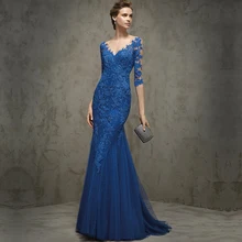 Glamorous Halbe Hülse Blau Spitze Abendkleider 2016 Sexy Illusion Tüll Zurück Formale Kleid Cusomized Vestidos de festa